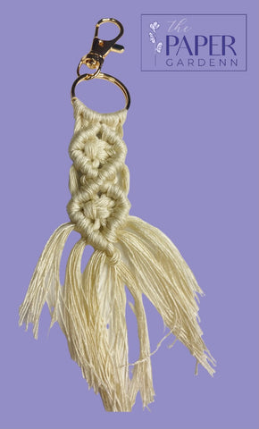 Sand/Off White - Braided Macramé Key Chain with Gold Hook Keyring