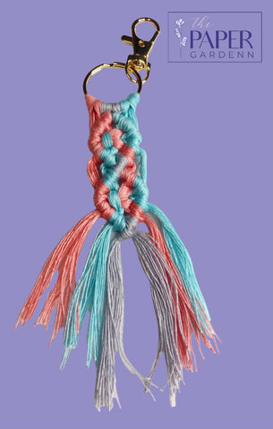 Blue/Pink Braided Macramé Key Chain with Gold Hook Keyring