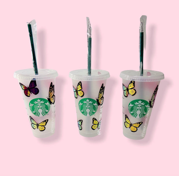 Butterfly Starbucks Cup with Straw & Lid| Custom Personalized Starbucks Cold Cup with name and holographic butterflies