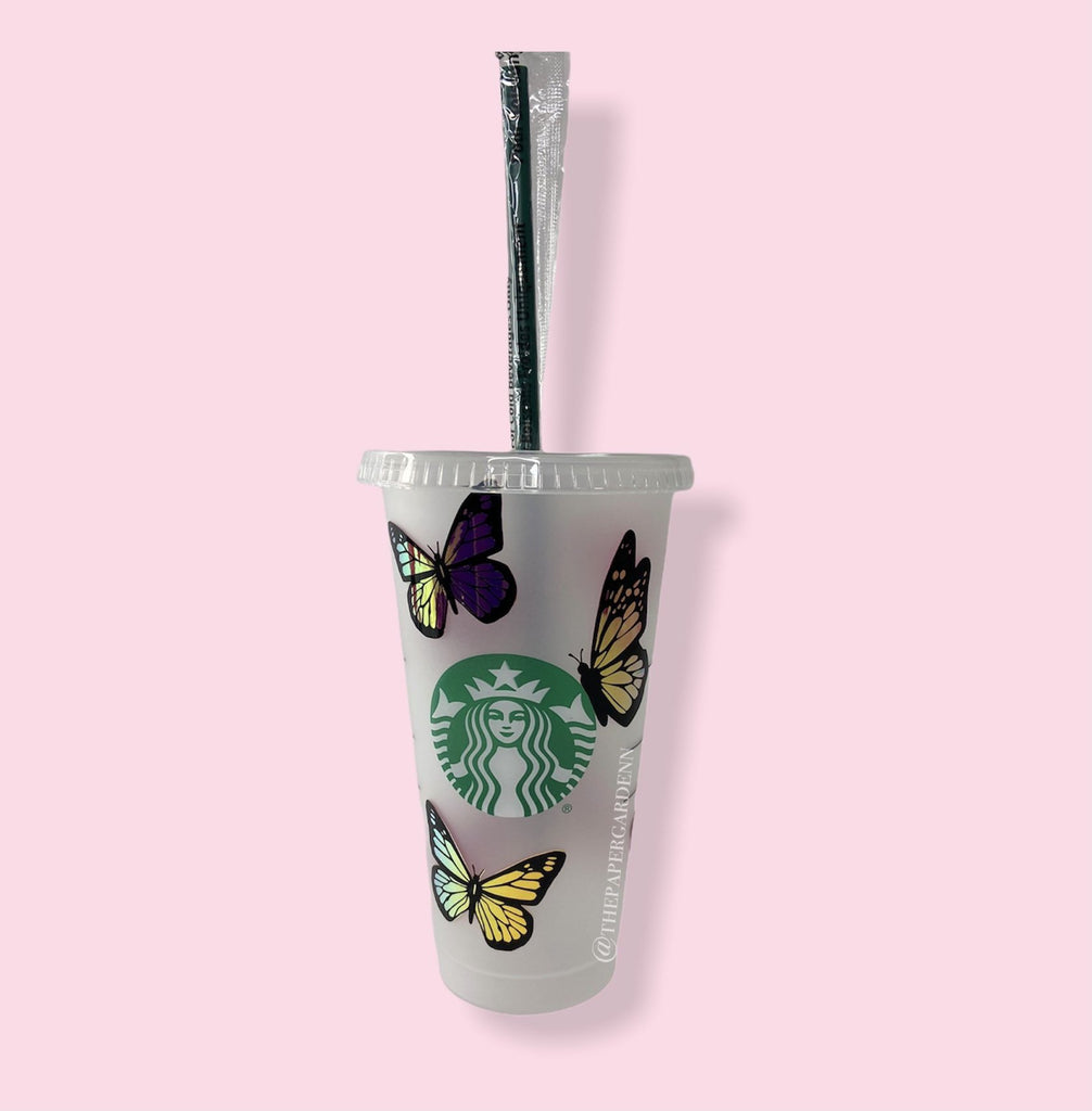 Colour Changing Butterfly Starbucks Cup with Straw & Lid