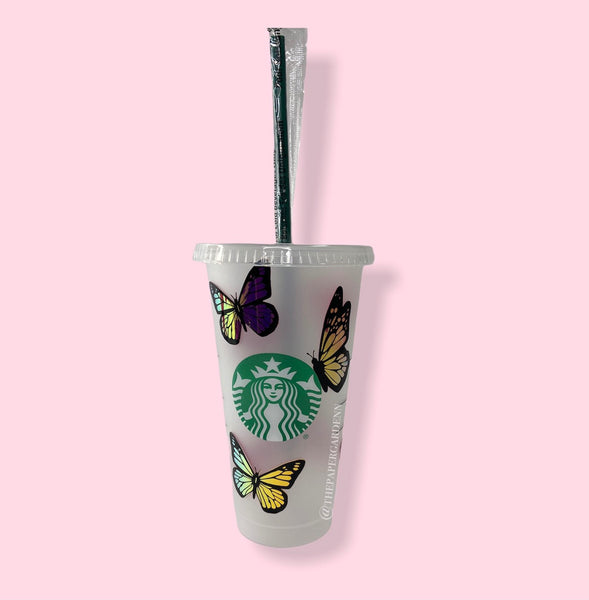 Butterfly Starbucks Cup with Straw & Lid| Custom Personalized Starbucks Cold Cup with name and holographic butterflies